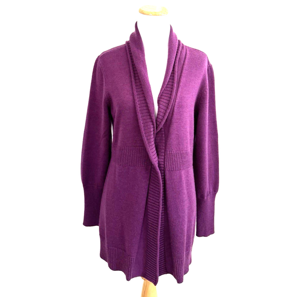 Eileen Fisher Cardigan M Purple Wool Shawl-Collar 1-Button Long-Sleeve Sweater
